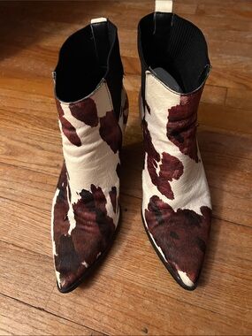MNG Mango Calf Hair Leather Ankle Boots Cow Print Pointed Toe Size 40